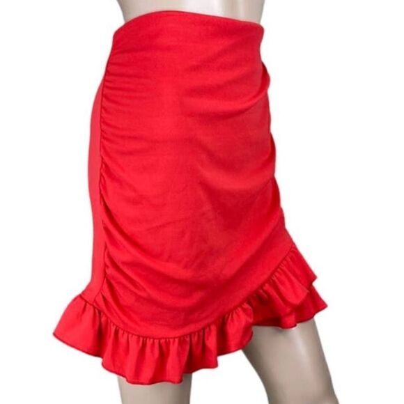 Red Ruffled Skirt Ruched Layered Stretch Bodycon Mini Size Small - Picture 2 of 6